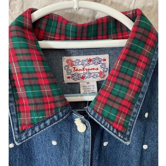 Vtg Tantrums Embroidered Christmas Denim Shirt Applique Snowmen Sz M - Picture 5 of 7